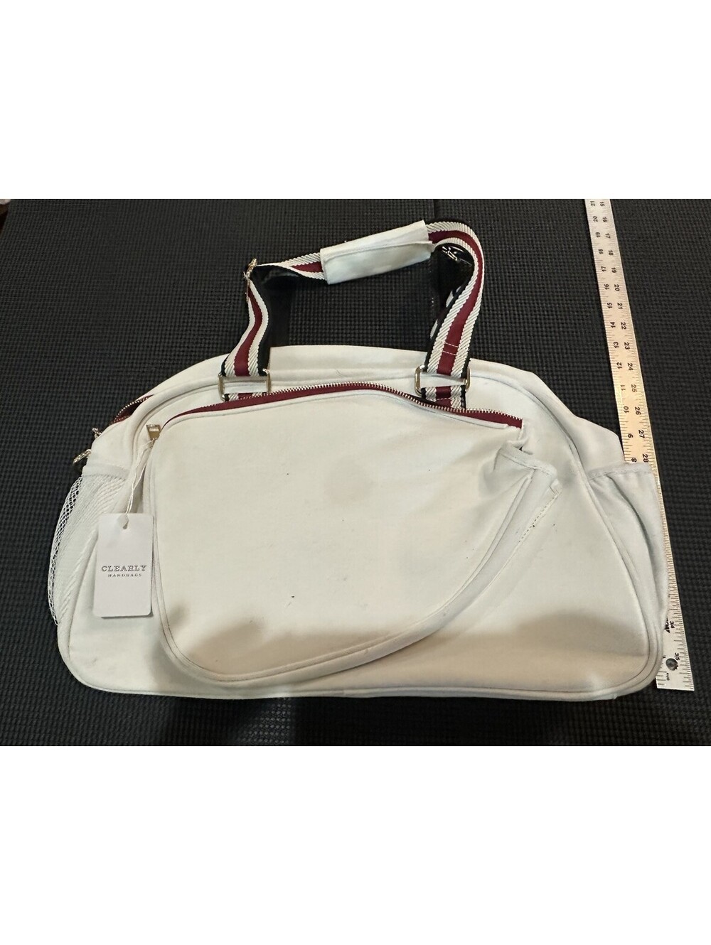 Clearly Handbags Canvas Weekender Duffle Bag White Red Strap Travel NWT